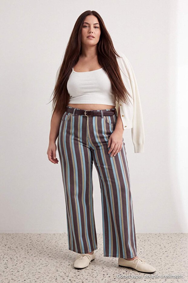 Multi-Colored High Waist Wide Leg Striped Plus Size Jeans Tbbaw27Cj00015