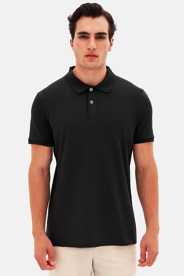 Regular Fit Black Pique Textured 100% Cotton Non-Curling Polo Neck Embroidered T-Shirt