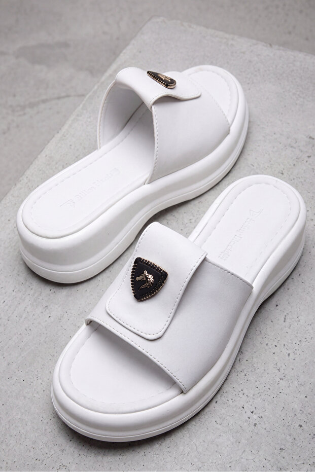 Women's White Comfortable Fit Slippers with Logo Detail