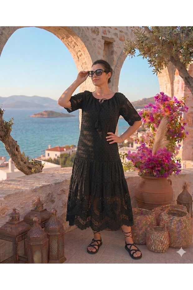 Women's Black Pompom Detailed Embroidered Natural Dress