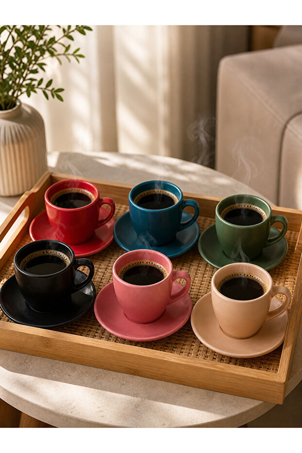 6-Piece Matte Mix Color Ceramic Turkish Coffee Cup Set – Modern Colorful Coffee Set with Saucers