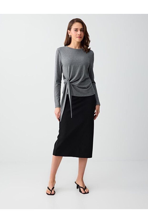 Black Regular Waist Straight Cut Knitted Midi Skirt