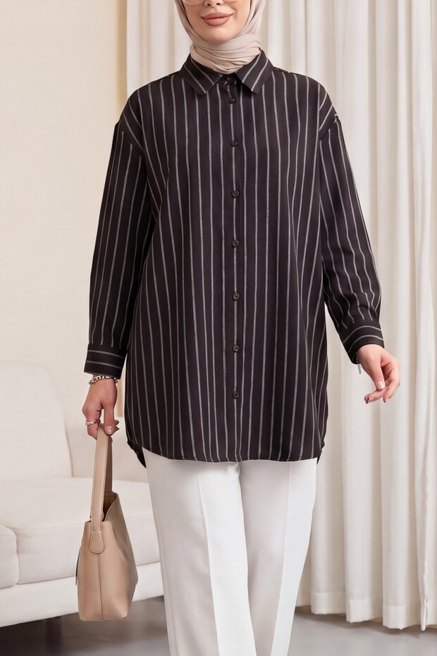 Striped Buttoned Oval Cut Linen Shirt - Brown