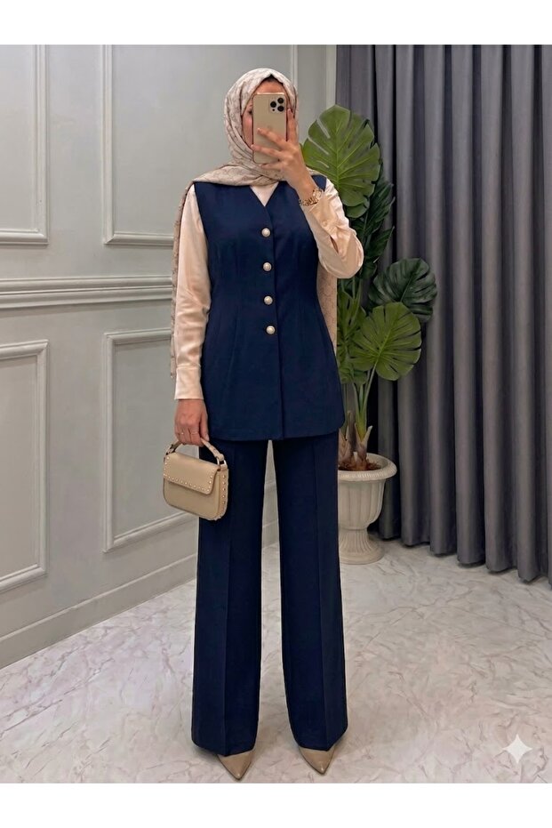Navy Blue • Cotton Vest and Trouser Set • Elastic Waist with Pockets • Stylish, Comfortable, Modern Islamic Clothing Combination