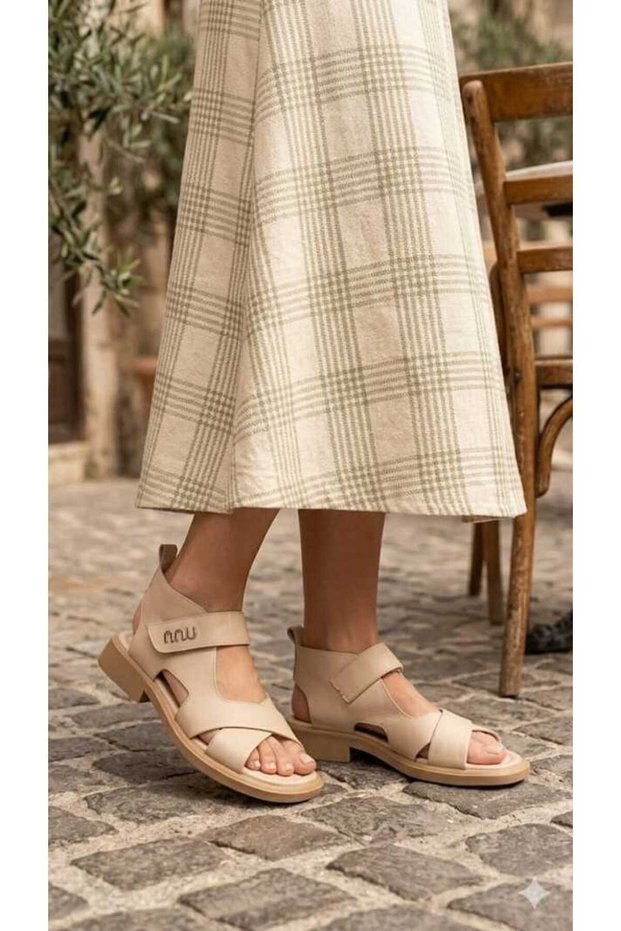 Women's Beige Color Genuine Leather Velcro Daily Sandals