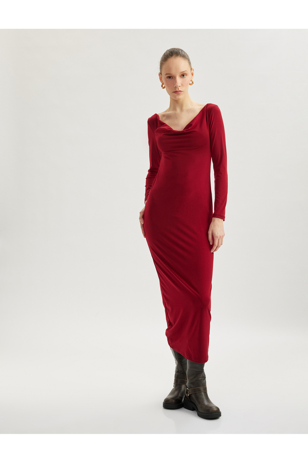 Rochie midi cu mânecă lungă drapată cu decolteu - 2