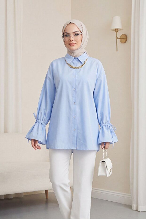 Shirt with Gathered Sleeves and Pleated Back - Baby Blue