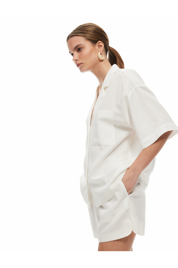 Viscose-Linen Blended Short Sleeve Oversize Shirt with Pockets