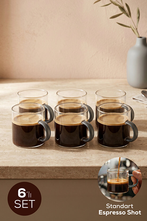 Set of 6 Glass Espresso Cups with Gray Handles - 95 ml