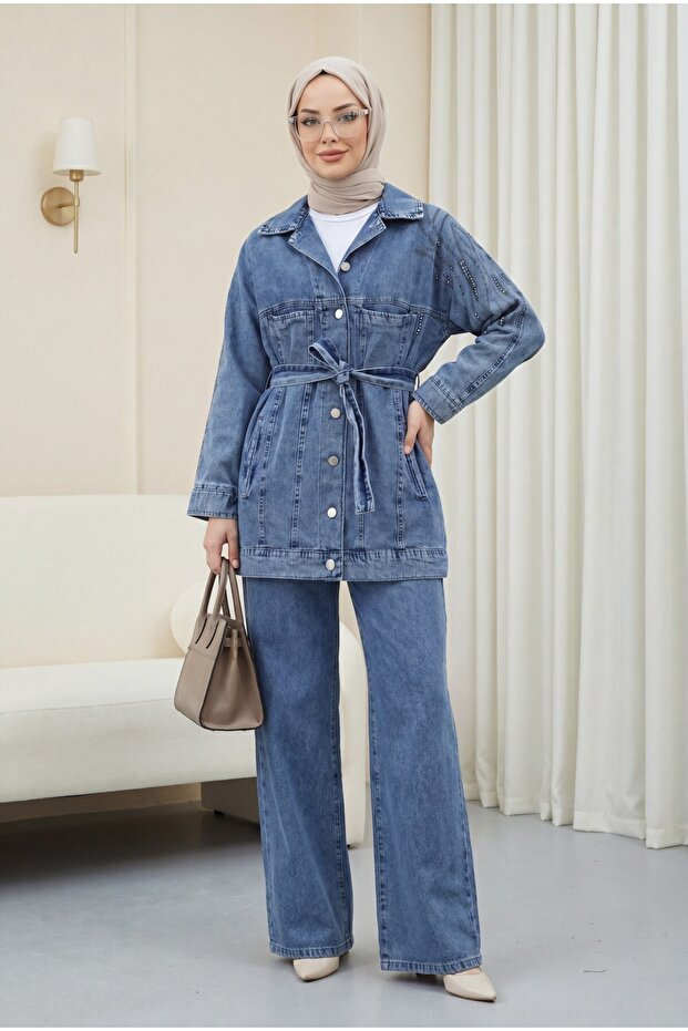 Pocketed, Buttoned Front, Belted Waist, Stoned Jeans Set - Ice Blue