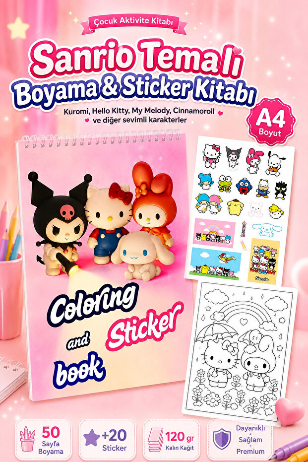 caps office Sanrio Boyama ve Sticker Kitabı A4 | 50 Sayfa Boyama + 20 Sticker | Çocuk Aktivite Kitabı