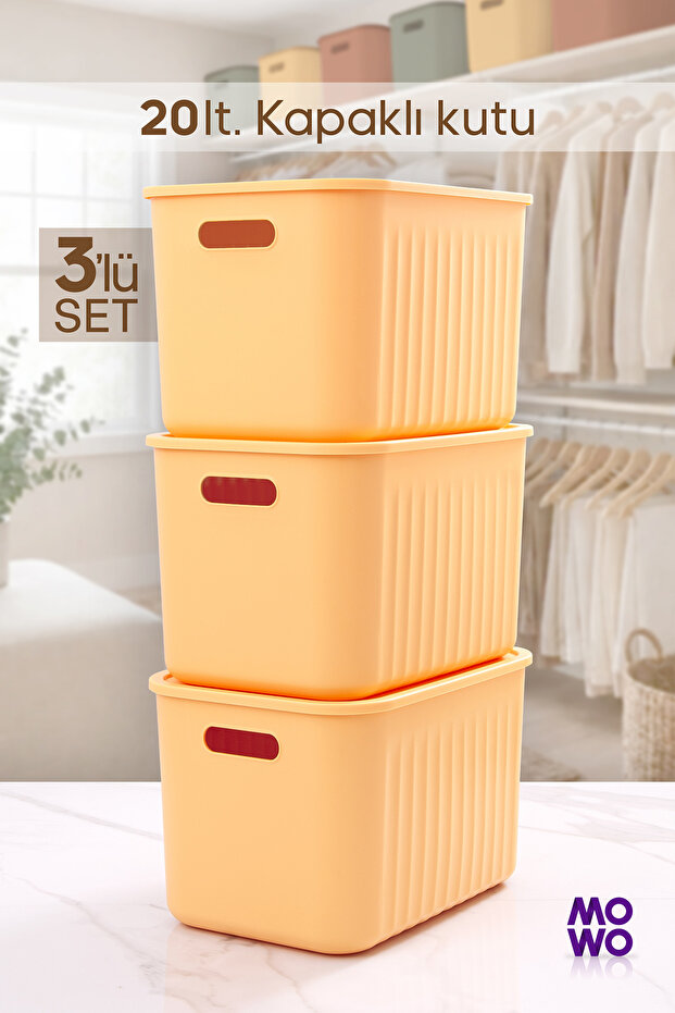 Bigbox 20 Lt 3-Piece Yellow Closet Organizer Storage Box with Lid Basket Organizer Toy Box