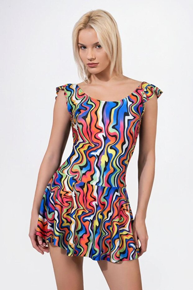 Beria Women's Ruffle Detailed Abstract Patterned Skirt Dress Swimsuit