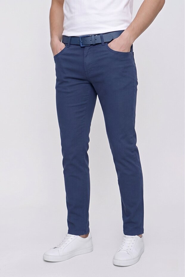 Men's Slim Fit Five-Pocket Stretch Cotton Navy Blue Canvas Trousers P 1087
