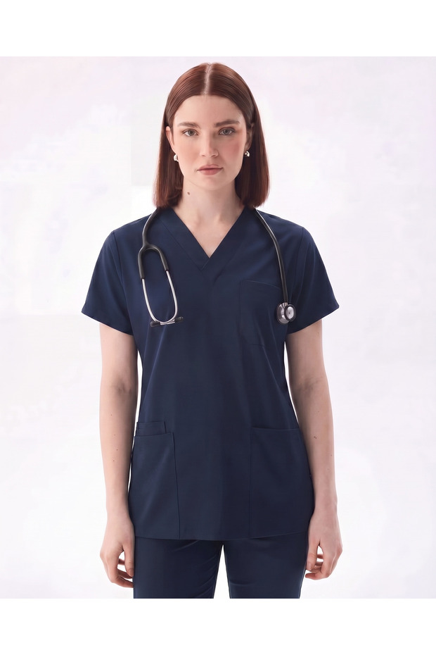 Classic - Fake Sleeve Navy Blue Women's Lycra Uniform Set with Extra Pockets