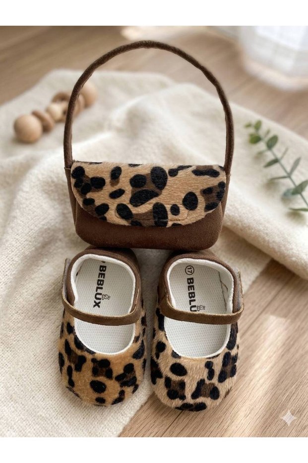 Leopard Patterned Ballerina Baby Girl Shoes and Bag Set