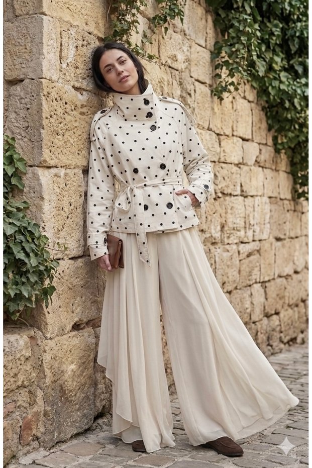 High Collar Comfortable Fit Polka Dot Belted Slim Short Trench Coat Spring-Summer Collection