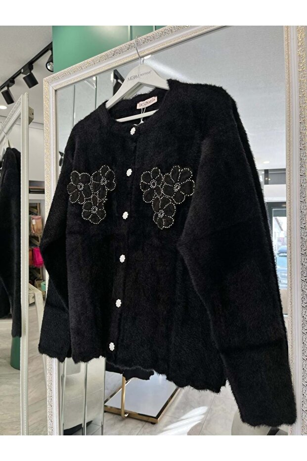 Hatun Angora Embroidered Cardigan (Size 36-42 Compatible) - Black - Standard