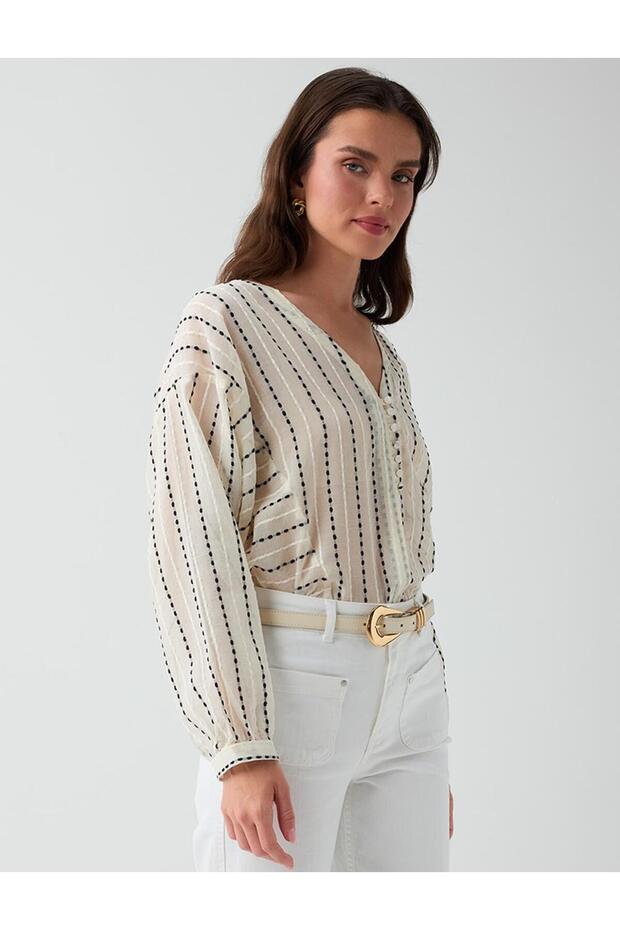 Off-White Cotton Blend Striped Shirt with Shiny Stone Detail