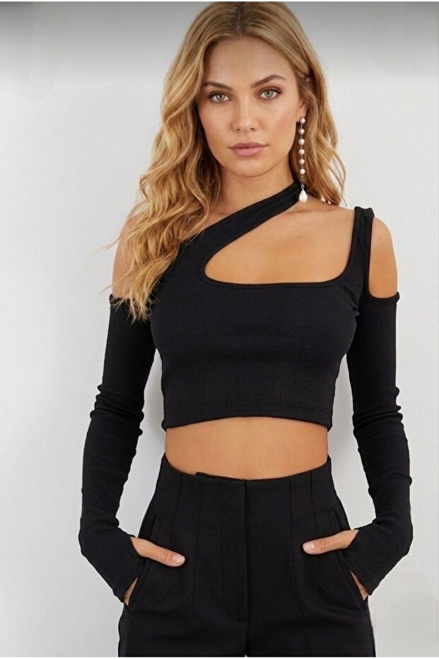 Asymmetrical Cut Finger-Cut Crop Blouse