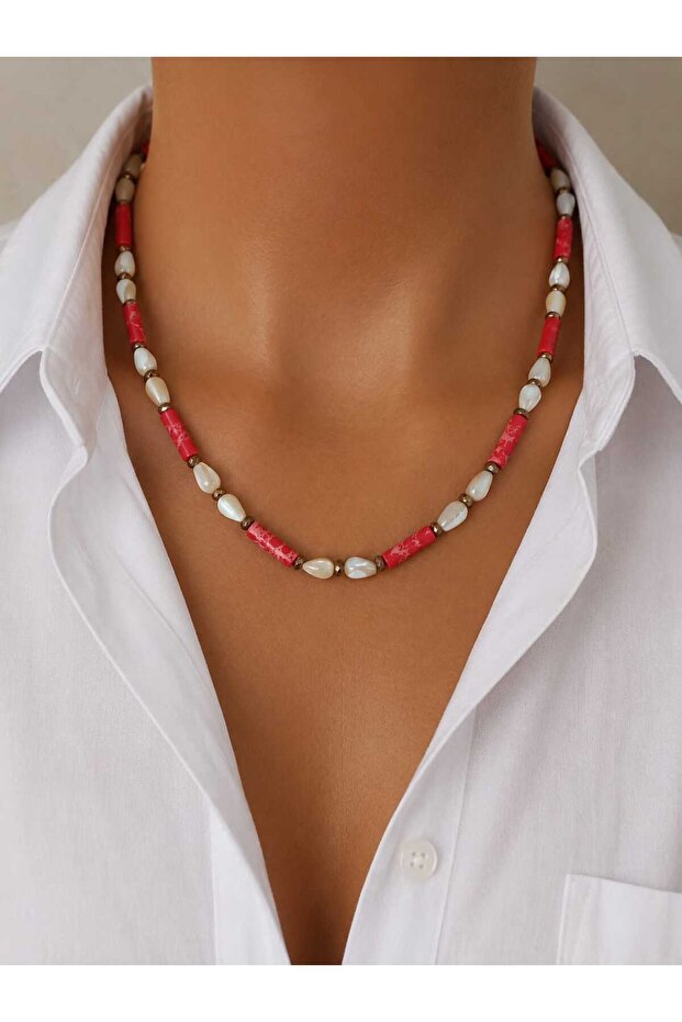 Natural Stone Design Necklace; Red Variscite & Drop Mother-Of-Pearl Stone