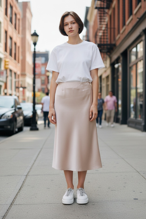 SATIN SKIRT HIDDEN ZIPPERED ELASTIC MIDI SIZE