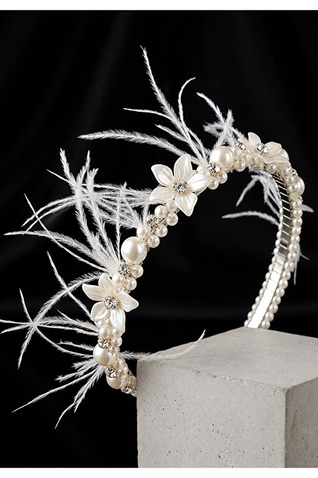 Elegant Crown with Feathers, Pearls, Stones, and Flowers - Bridal, Maternity Crown, Engagement, Outdoor Shooting Accessory