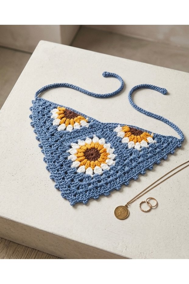 Hand Knitted Sunflower Motif Bandana - Hair Accessory - Hair Band