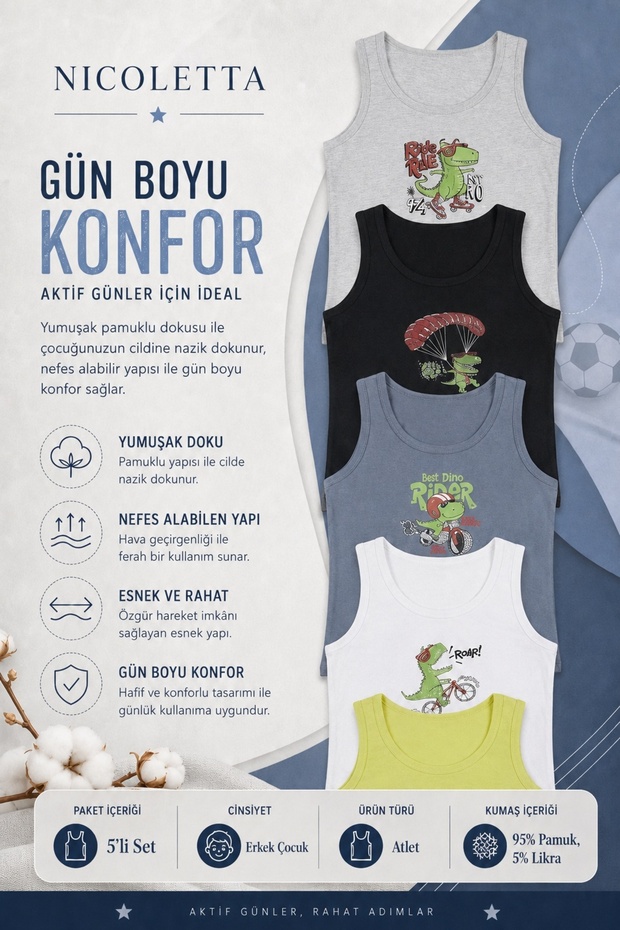 Boy's Wide-Strapped Dinosaur Printed Cotton Lycra T-Shirt
