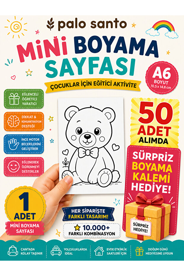Mix 50 AL Süpriz Hediyeyi Yakala 1 Adet Mini Boyama Sayfası A6 Çocuk Boyama Kağıdı Tekli Eğitici Aktivite Her Siparişte Farklı Tasarım Boyama Sayfası