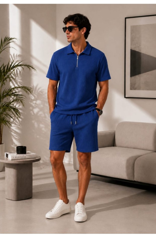 Ottoman Fabric Casual Stylish Zippered Polo Collar T-Shirt and Shorts Set