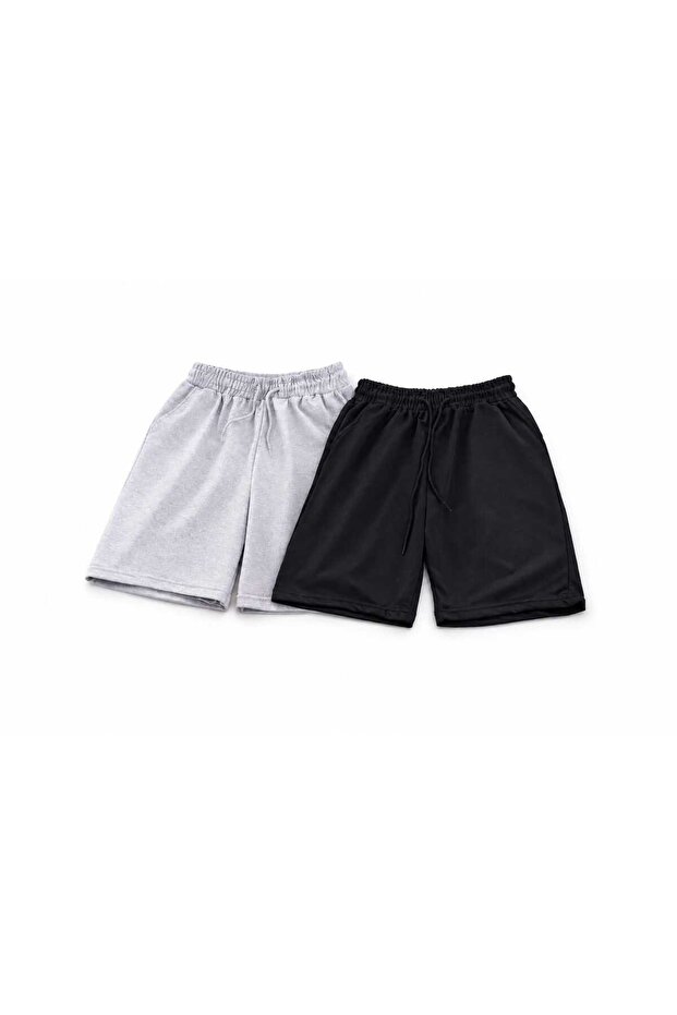 One Black, One Gray Plain Patternless Shorts, 2 Pack Combed Cotton Fabric Comfortable Summer Shorts