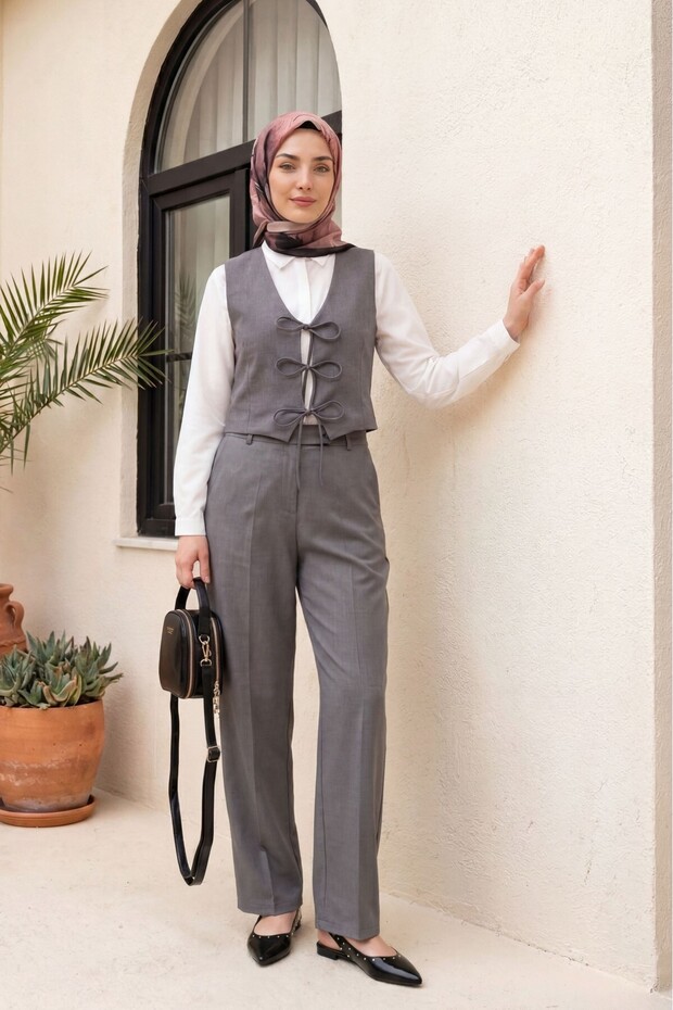 Tie-Front Vest and Trousers Double Set - Anthracite
