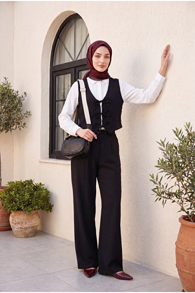 Tie-Front Vest and Trousers Double Set - Black