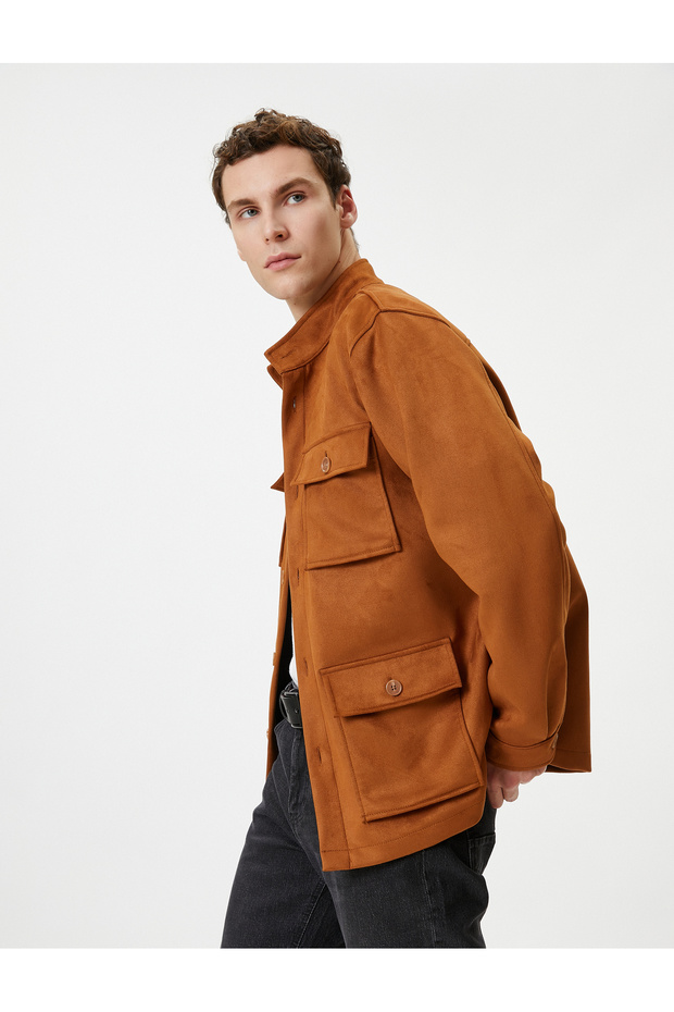 Shirt Jacket Suede Look Slim Fit Pocket Detailed Buttoned