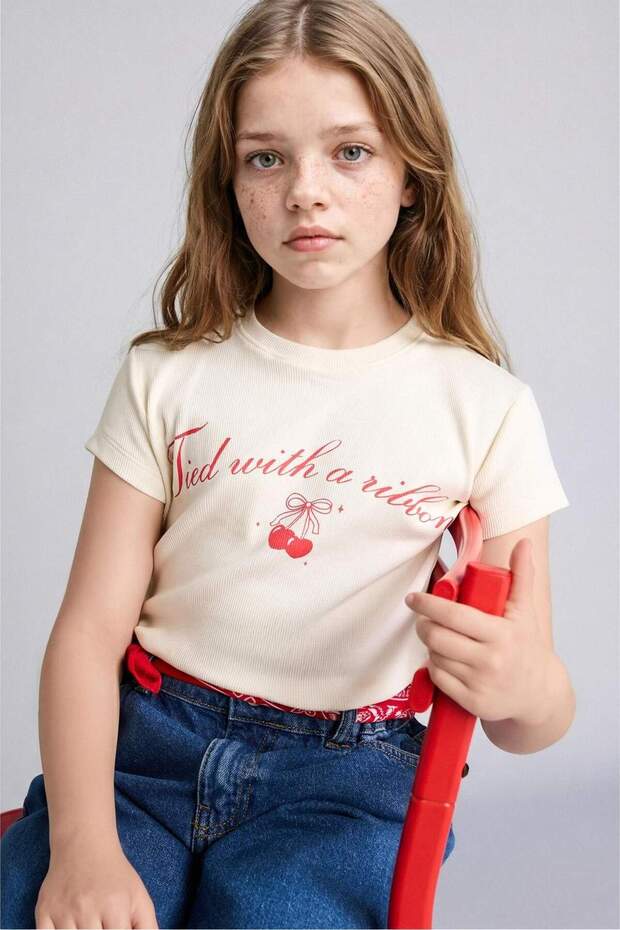 Slim Fit Crew Neck Printed Short Sleeve Ecru T-Shirt Girls G1781A826Sm