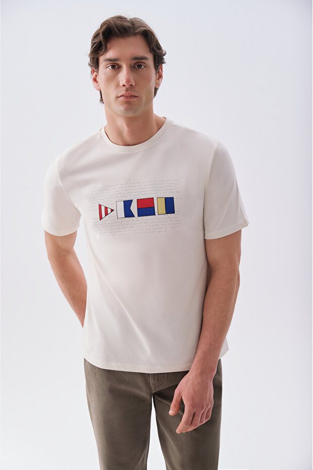 Men's Stone Color Printed Crew Neck T-Shirt