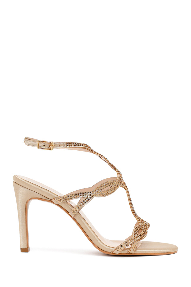 Women's Beige Ankle Buckle Stone High Thin Heel Sandals 26Sfe3911Ts