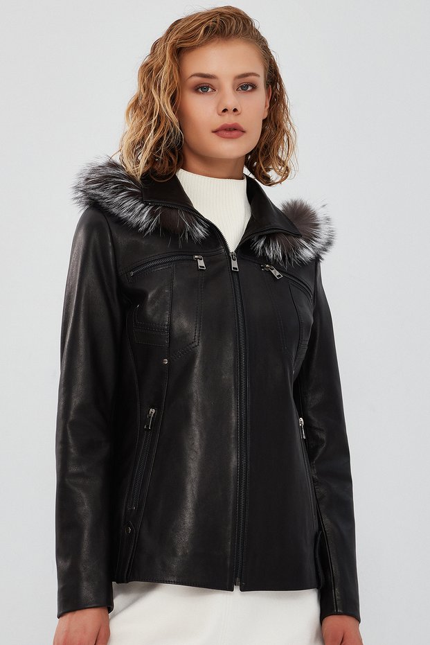 Audrey Women's Black Hooded Fur Leather Coat 23Wgd5120Ve