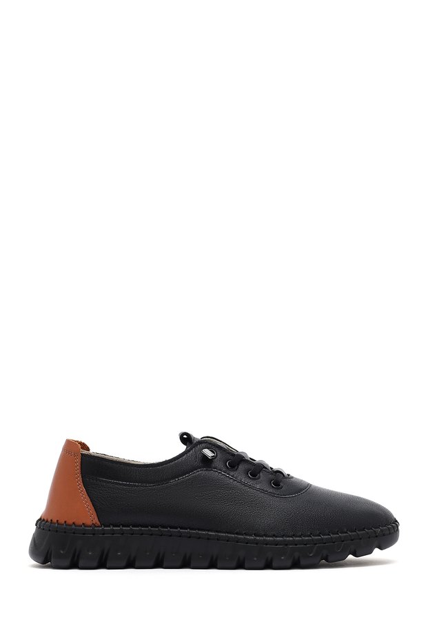 Women's Black Lace-Up Sports Shoes, Leather Sneaker 26Pfd500418