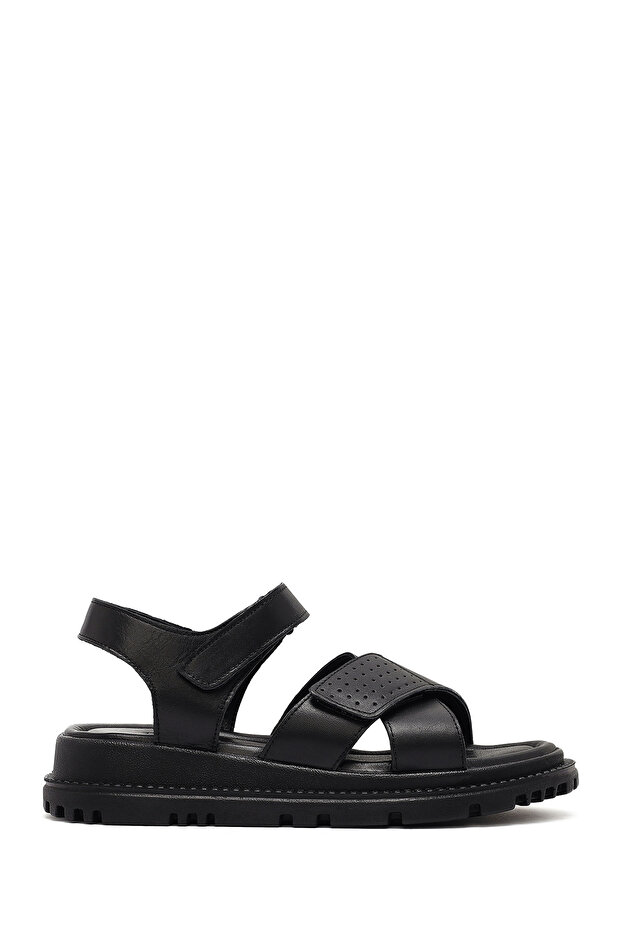 Women's Black Strappy Thick Soled Genuine Leather Sandals 25Sfd300818