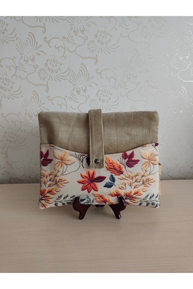 Velvet Textured Book Cover |   Autumn Leaf Patterned Fabric Book Protector with Snap Closure