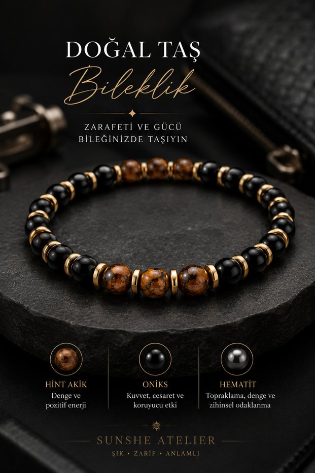 Tibetan Agate - Onyx - Hematite Natural Stone Design Bracelet (Nazar-Courage-Stress-Positive Energy)
