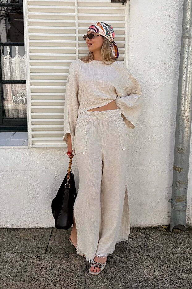 Women's Crinkle Linen Slit Pants
