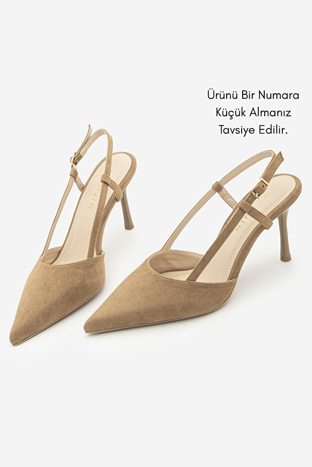 Women's Stiletto Pointed Toe Open Back Ankle Strap Classic Heeled Shoes Tandor Camel Suede