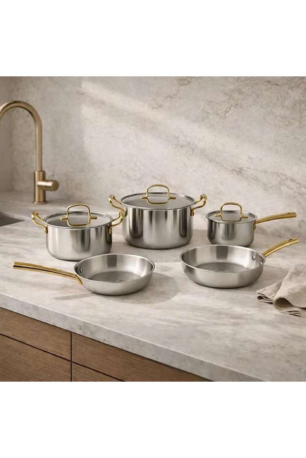 Syros Triply Stainless Steel 8-piece Cookware Set -chrome & Gold