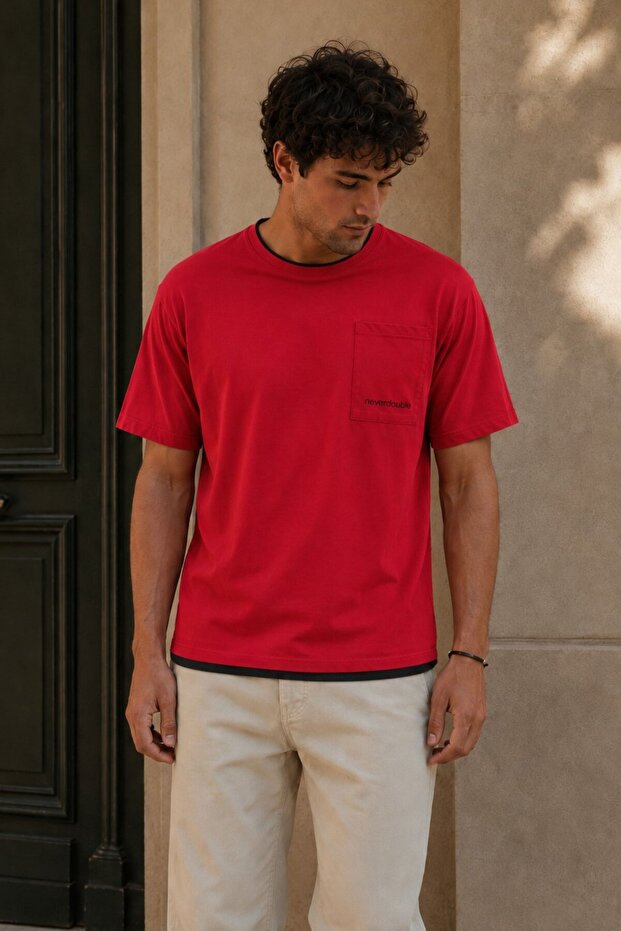 Claret Red Pieced Basic Men's T-Shirt 6090