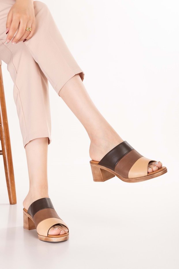Women's Genuine Leather Heeled Daily Slippers Iz.16115 Brown