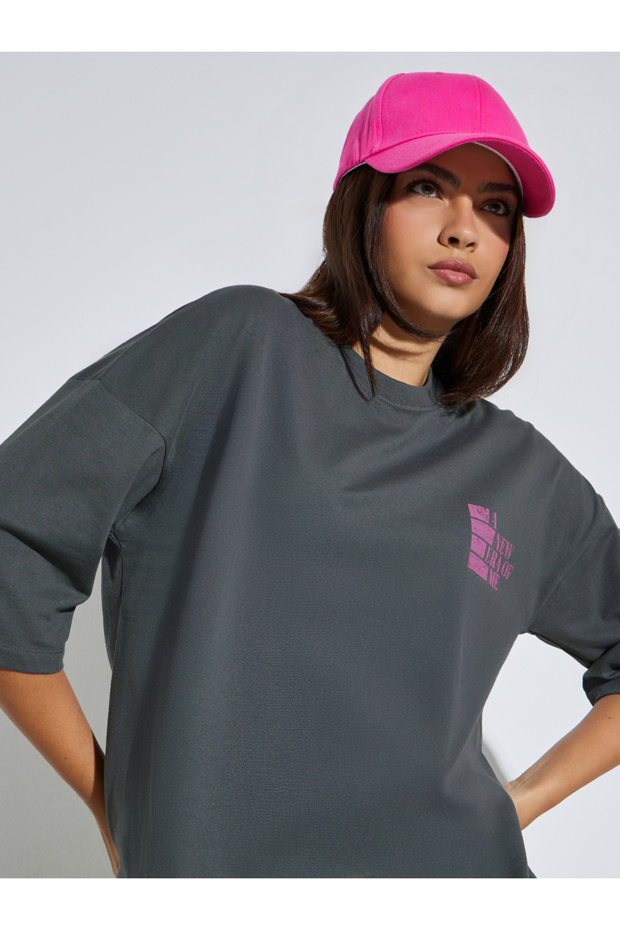 Oversized Distressed Slogan T-Shirt with Dropped Shoulder