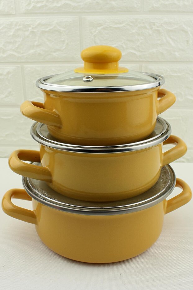 3-Piece Luxury Enamel Mini Cookware Set Yellow 12/14/16cm